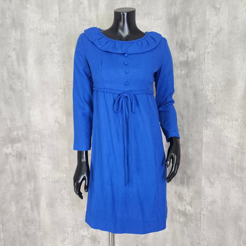 Vintage 60s Royal Blue Mod Empire Waist Dress Ruffle Collar Long Sleeve Twiggy
